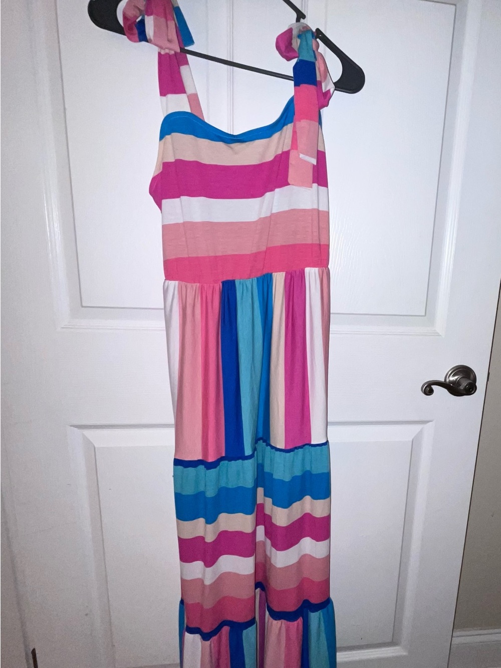 Striped Tie‑Shoulder Maxi Romper in Pink & Blue